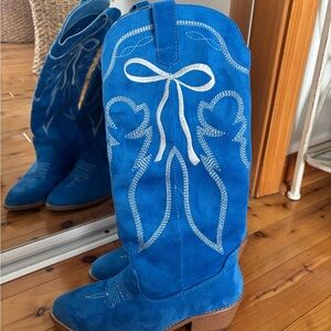 Pink Lily Blue Embroidered Heeled Boots